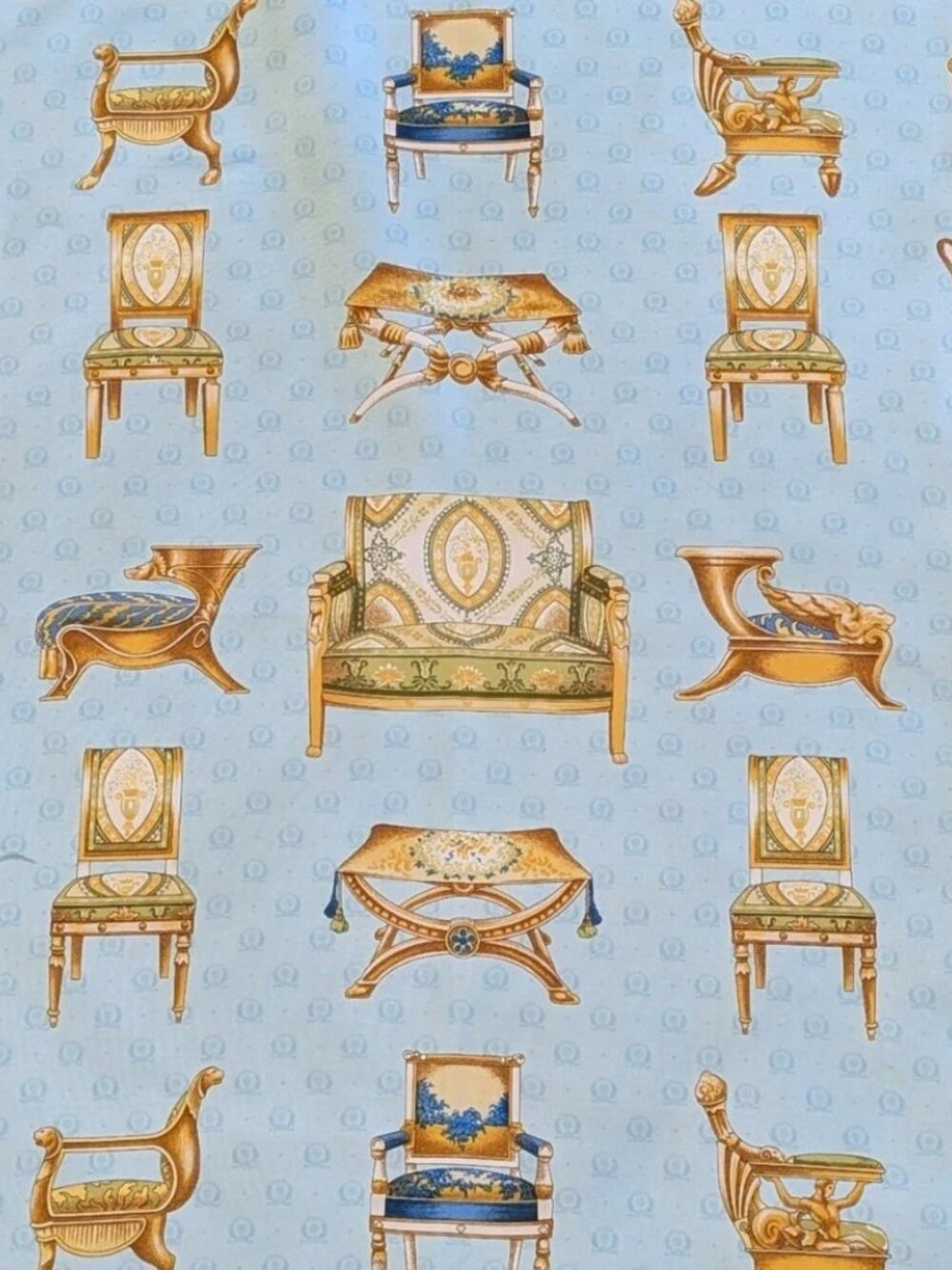 GUCCI Silk Scarf Chairs Print Gold Blue Green Botanical Rolled Edges 35" EUC - Picture 4 of 5